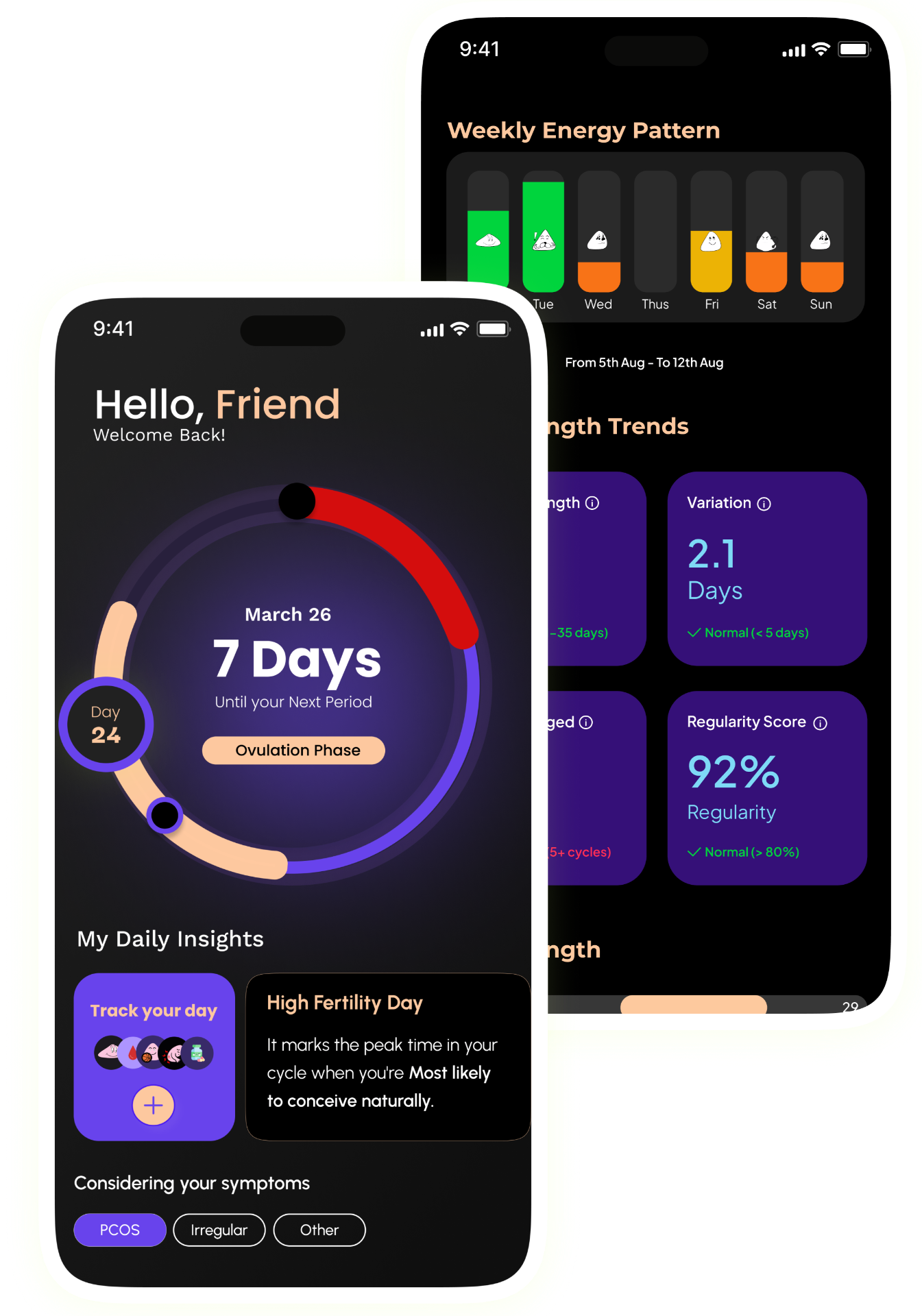 Estri Period Tracker App showing cycle calendar, predictions, and insights